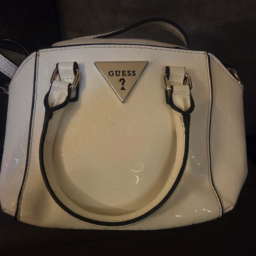 Guess White Patent Leather Satchel Handbag with Top Handles and Crossbody Strap